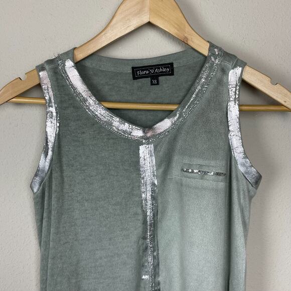 Flora Ashley XS Olive Green Tank Top Painted‎ Trim High Low Mixed Media - Picture 6 of 6